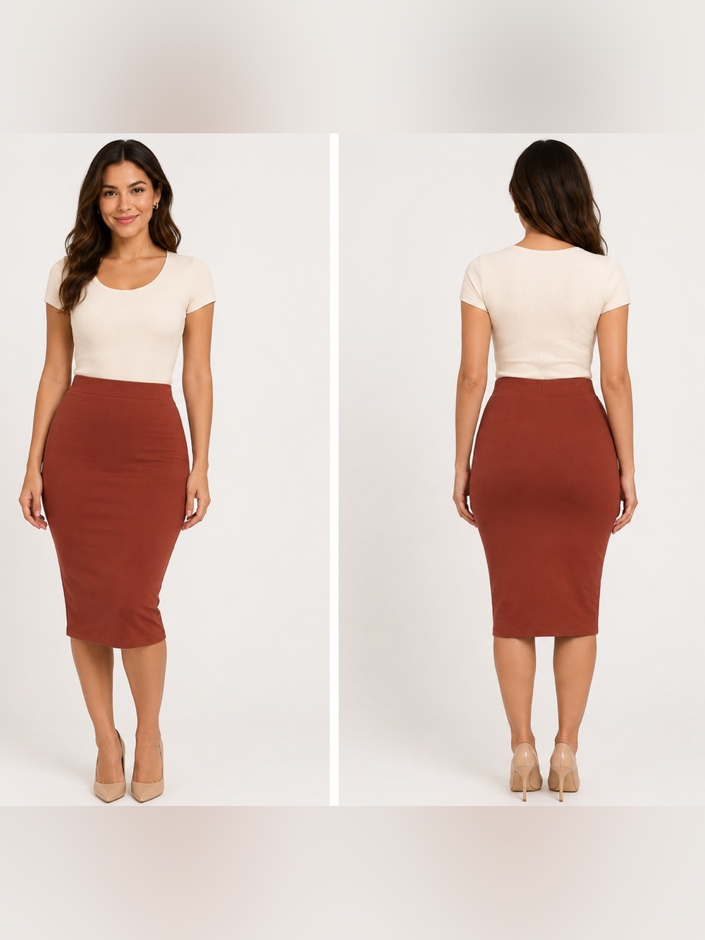 Zenana Cotton Basic Bodycon Knee Length Midi Office Pencil Skirt Rust Sz S